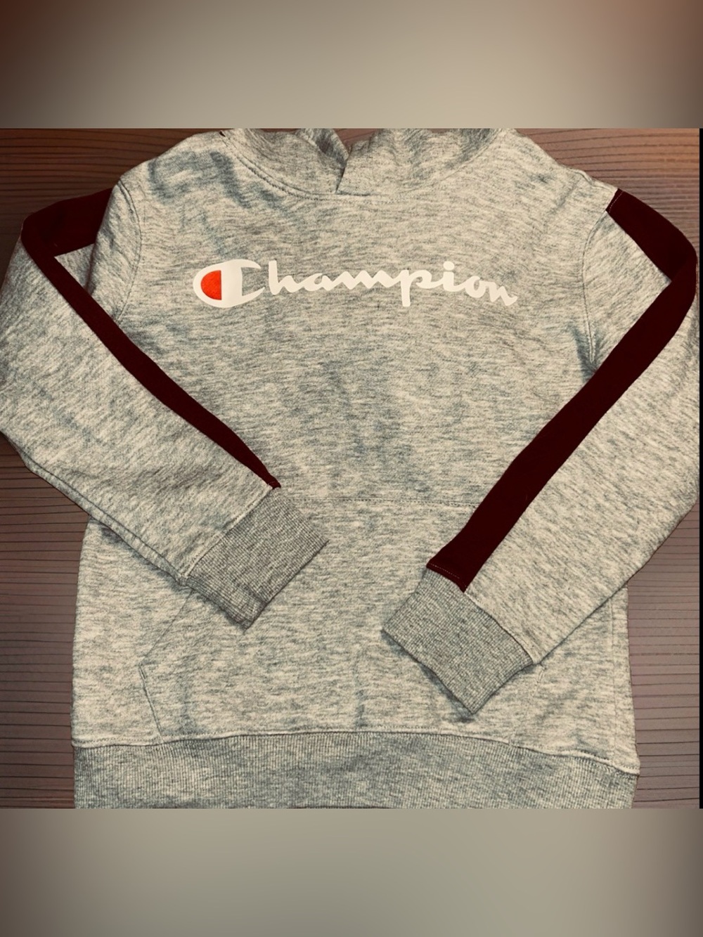Champion Sweatshirt Hoodie Boys Youth Small (8) Long Sleeve Gray Logo Stripes